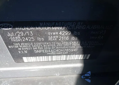 2013 Hyundai Sonata Gls z USA, uszkodzony, nr VIN 5NPEB4AC4DH785941